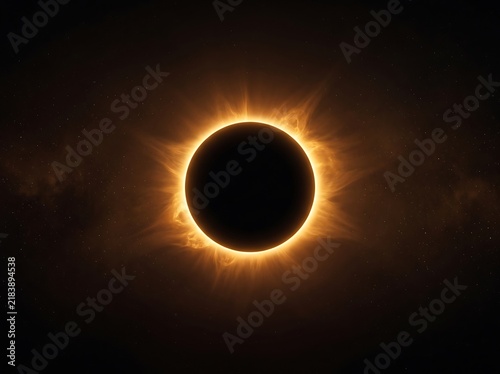 Solar eclipse space photography showing glowing corona ring and black moon silhouette