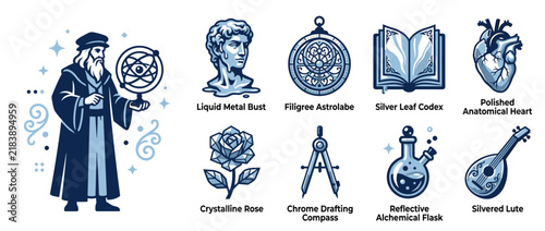 Alchemical blue icons featuring scholar and mystical scientific tools.