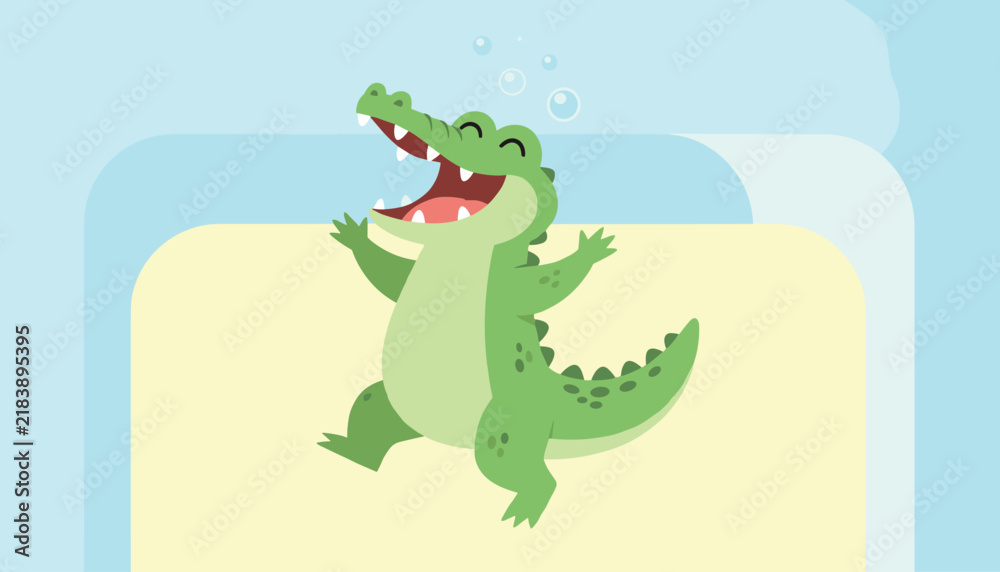 Naklejka premium Cheerful green cartoon crocodile smiling happily and dancing joyfully inside a calm blue water pool with bubbles.