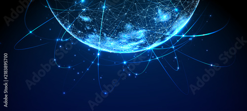 Digital world map with glowing network connections, orbital lines and illuminated dots on curved blue globe surface. Futuristic global internet, data and communication technology concept. Vector 