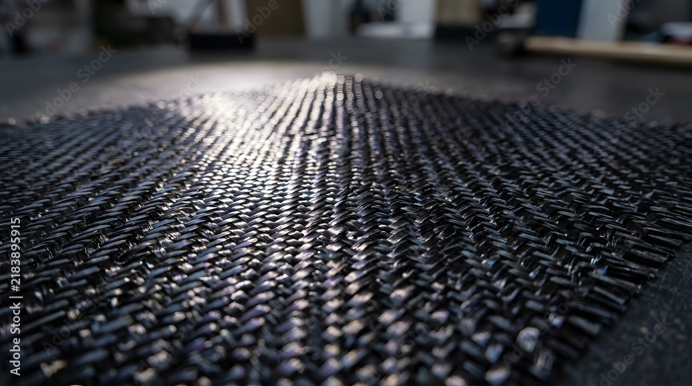 Fototapeta premium Carbon fiber weave texture displays complex geometric patterns with shiny reflective metallic surfaces captured in a sharp macro photography style
