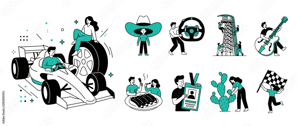 Obraz premium Racing scene with car and driver icons.