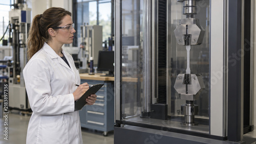 Engineer Performing Tensile Strength Test on Metal Specimen in Materials Laboratory
