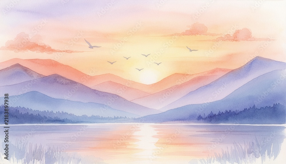 Fototapeta premium 夕焼けの空と山を背景に湖の上を飛ぶ鳥を描いた風景イラスト