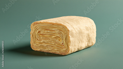 Block of laminated dough cut cleanly to show its buttery layers