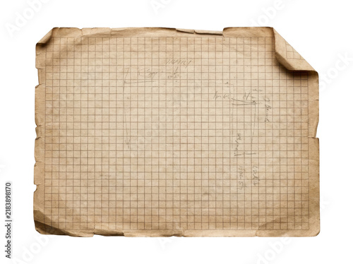 Foto Aged vintage graph paper sheet with handwritten technical notes isolated on tran