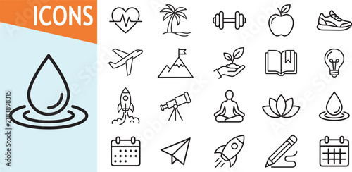 Health and lifestyle icons for fitness travel and growth