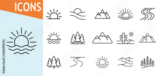 Nature landscape icons for sunrise mountains and trees