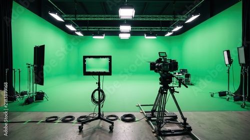Fototapeta kuchenna Professional Film Studio with Green Screen Chroma Key and Video Production Equipment