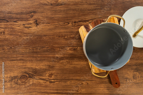 Gray Pot on Wooden Cutting Boards Overhead
