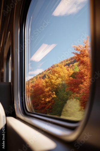 Train window view showcases vibrant autumn landscape with colorful orange and yellow foliage. Bright blue sky contrasts with warm colors of trees. Scene conveys travel and nature