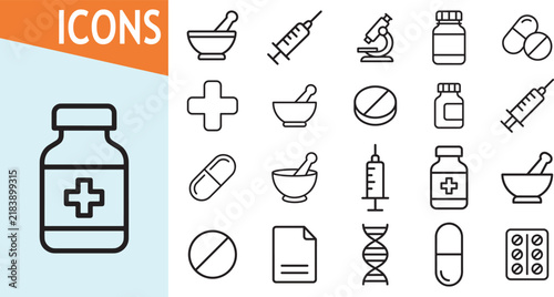 Medical and pharmacy icons for healthcare and science