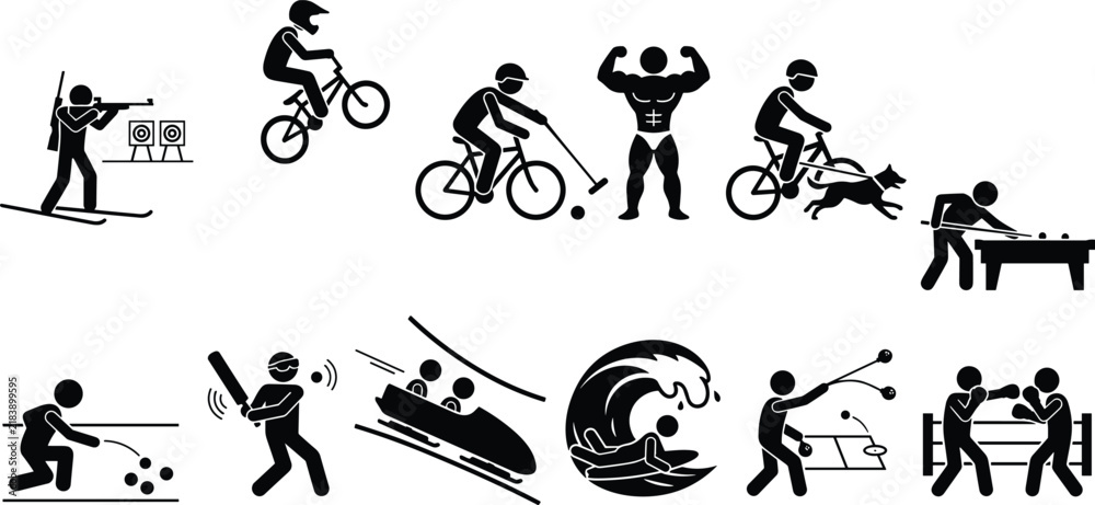 Obraz premium Outdoor sports and leisure activities icon set featuring biathlon bmx bodybuilder surfing bobsleigh boxing stickman