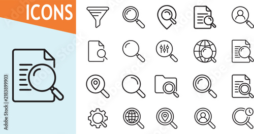 Search icon set for data and document analysis