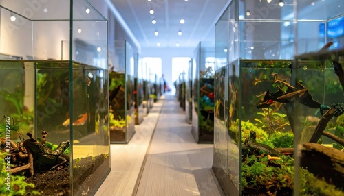 Row of Modern Aquascape Fish Tanks with Green Aquatic Plants in Professional Pet Store Gallery
