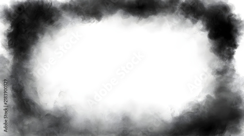 Dark smoke fog vignette frame isolated on white background. Black grey mist border with soft hazy gradient texture. Atmospheric overlay with white center copy space for design