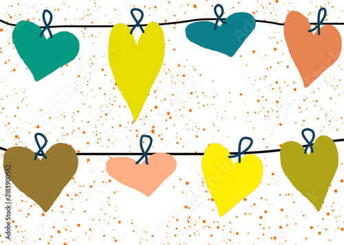 Hanging hearts on different colors and sizes with splatter as background. Transparent. Background use. Cute and fun heart design. Teal, green, yellow and brown