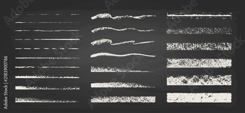Chalk and crayon artistic vector brushes set. Textured grunge line strokes on blackboard background. Chalk art brushes.