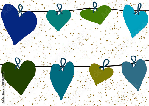 Hanging hearts on different colors and sizes with splatter as background. Transparent. Background use. Cute and fun heart design. Green, blue, teal, dark blue, and dark green