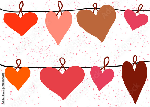 Hanging hearts on different colors and sizes with splatter as background. Transparent. Background use. Cute and fun heart design. Red, peach, brown, orange, and maroon.