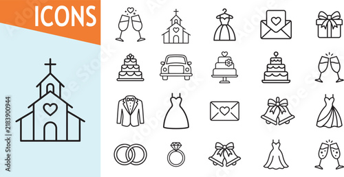 Wedding icons with rings cake church dress and champagne