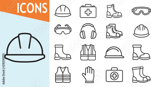 Safety icons with helmet boots vest goggles and first aid