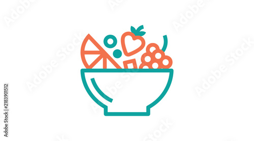 Fruit salad bowl icon with orange strawberry and grape elements for dessert menus healthy snack branding and breakfast nutrition graphic illustrations.