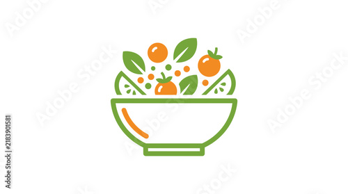 Healthy vegetable salad bowl vector icon with green leaves and orange tomatoes is perfect for organic food branding and vegetarian restaurant menu design.
