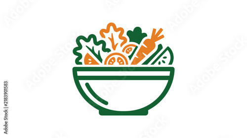 Vegetable salad bowl vector graphic with carrots greens and tomatoes used for grocery store promotions healthy recipe books and vegan kitchen wall decor.
