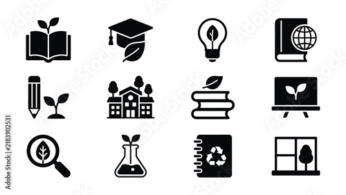 Bild auf Leinwand Set of educational and environmental icons featuring books plants and science sy