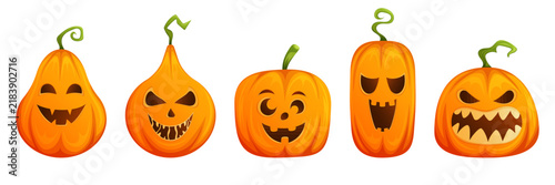 Halloween pumpkins characters with scary and funny faces, cartoon vector illustration for spooky holiday decoration, autumn celebration, party, greeting cards and seasonal design.