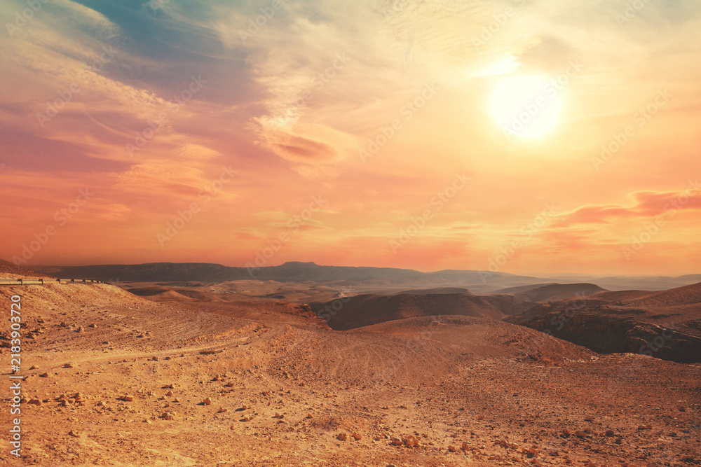 Obraz premium Mountain nature landscape. Desert in early morning. Beautiful sunrise in mountains. Judaean Desert. View of valley with mountains on backdrop. Nature Israel.