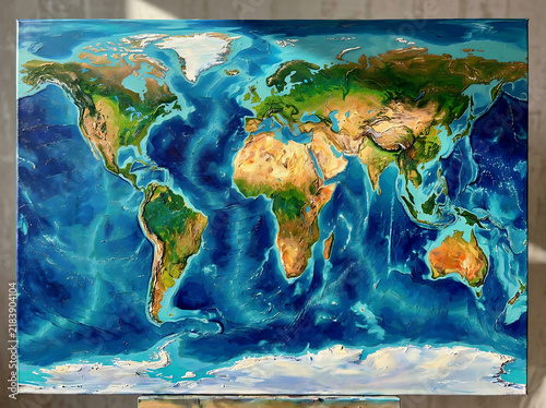 Equal-Area World Map – Minimalist Blue Ocean with Green and Golden-Tan Landmasses