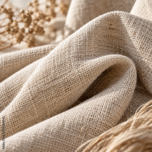Close-up of beige burlap fabric showcasing its rough texture and natural fibers with a soft, neutral-toned background.