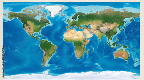 Equal-Area World Map – Minimalist Blue Ocean with Green and Golden-Tan Landmasses