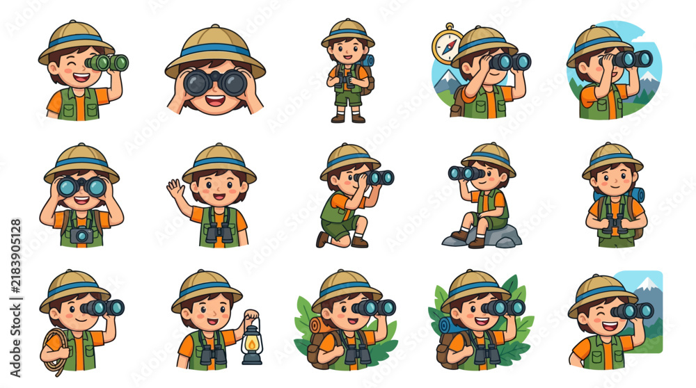Fototapeta premium Industrial Style Set of 15 Happy Explorers in Safari Gear with Binoculars Lantern and Nature Accessories