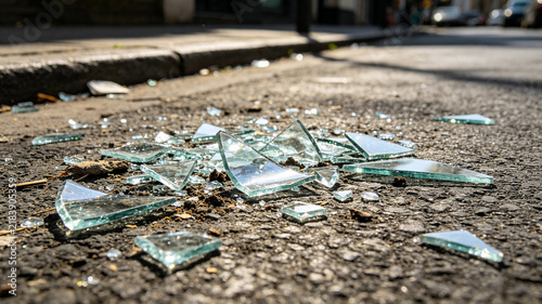 shattered glass fragments on the street