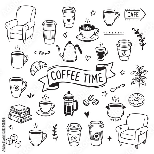 Collection of hand drawn coffee related elements for cafe and lifestyle