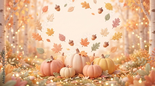Beautiful autumn background with pumpkins and falling leaves in a dreamy forest setting with warm fairy lights