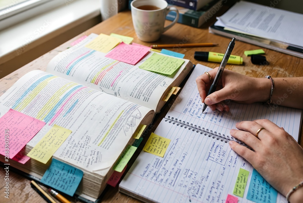 Obraz premium A student is sitting at a wooden table studying from a thick book with colorful sticky notes. A notebook is open with handwritten notes. A cup of tea or coffee is nearby