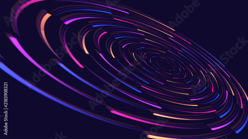 Abstract circular motion background with glowing colorful dashed rings on dark blue vector