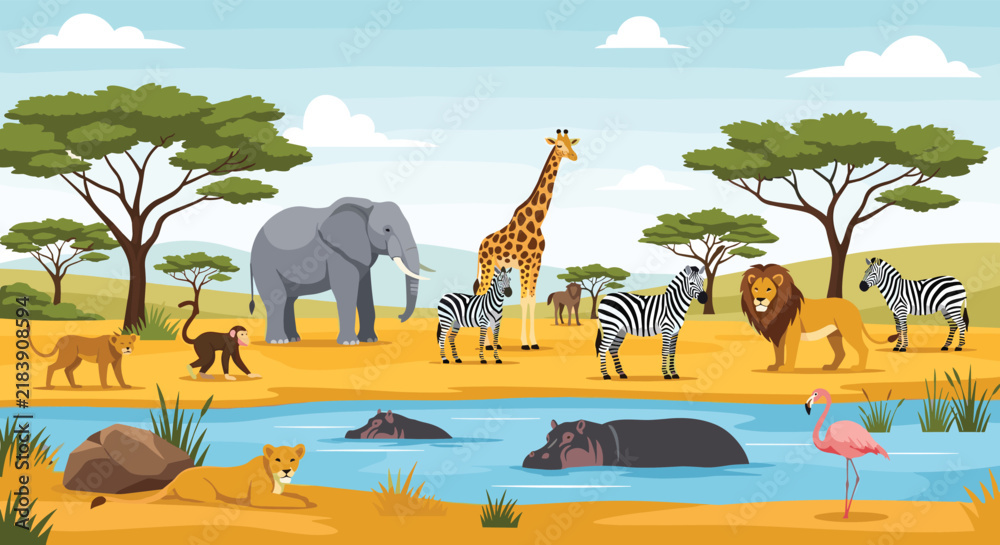 Obraz premium Vibrant landscape of an African savanna filled with wild animals including elephants, giraffes, lions, zebras, and hippopotamuses.