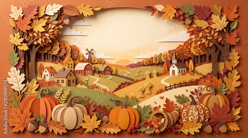 Autumn harvest scene with pumpkins and fall foliage border for seasonal design