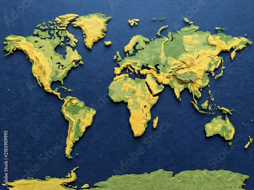 Equal-Area World Map – Minimalist Blue Ocean with Green and Golden-Tan Landmasses