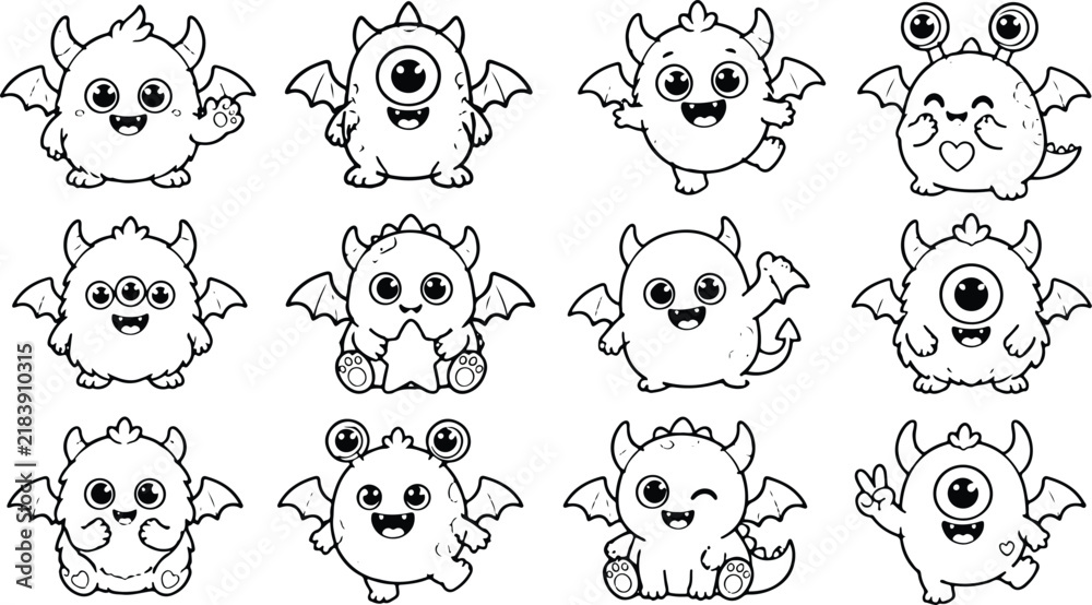 Fototapeta premium Cute Kawaii Monster Set Outline Coloring Page for Kids