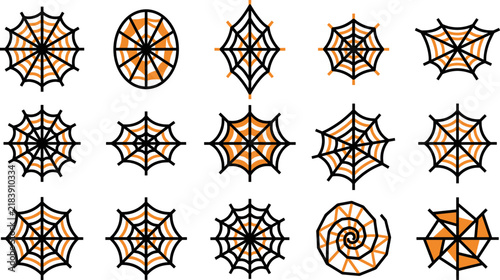 Collection of hand drawn spider web illustrations for halloween decorations and spooky themed graphic design projects