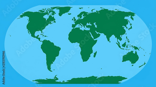 Equal-Area World Map – Minimalist Blue Ocean with Green and Golden-Tan Landmasses