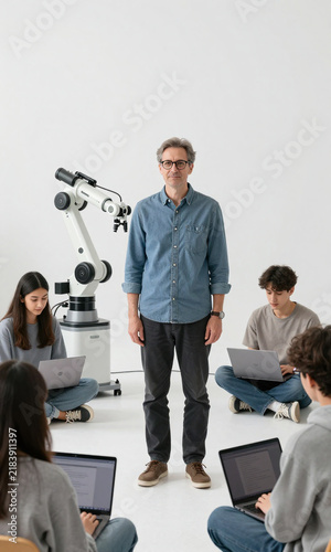 man casual shirt glasses standing front robot arm surrounded young university students