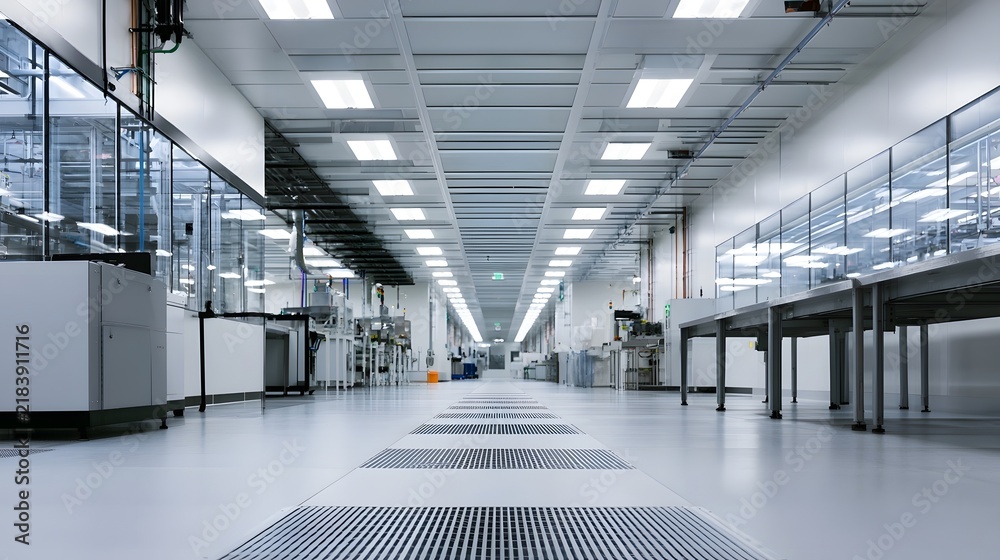 Obraz premium A long clean industrial production hall with glass enclosed workstations bright overhead lighting and a polished floor with ventilation grates