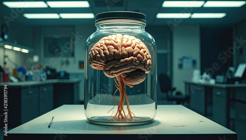 Human brain model with exposed nerve roots is preserved inside a cylindrical glass container in a dark research facility.